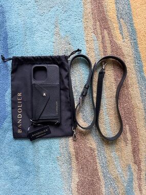Bandolier Black Leather Crossbody Wallet iPhone Case w/ Strap 14 Pro Max ProMax